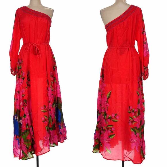 Farm Rio Summer Foliage Scarf Red Maxi Dress Size Large Special Event - Picture 1 of 12